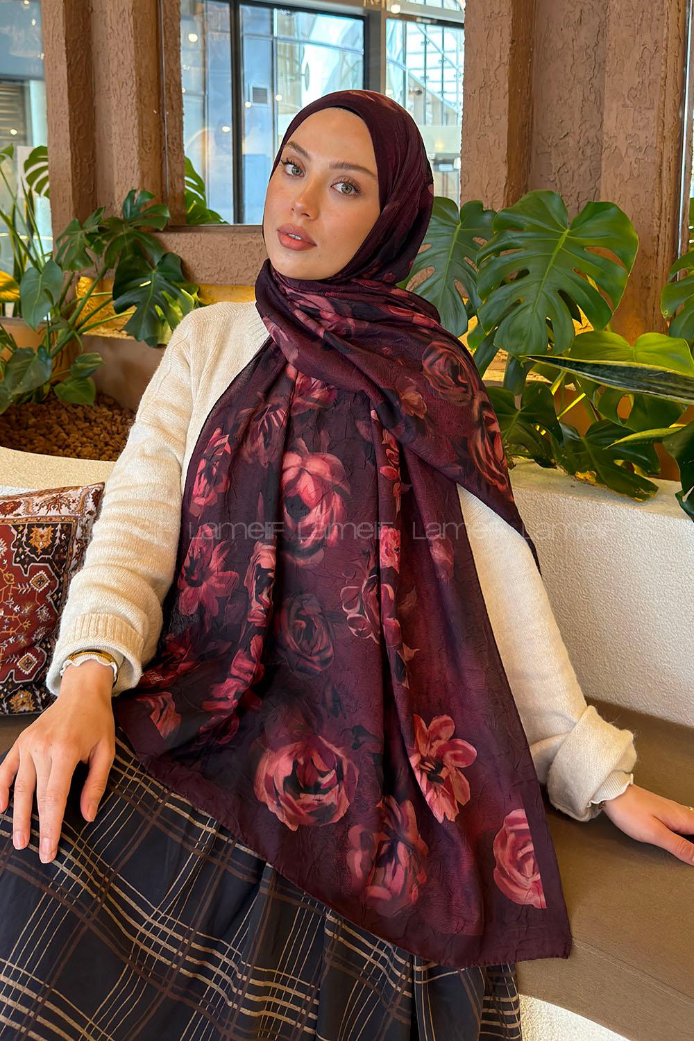 Lamelif Çiçek Desen Bambu Şal Koyu Bordo