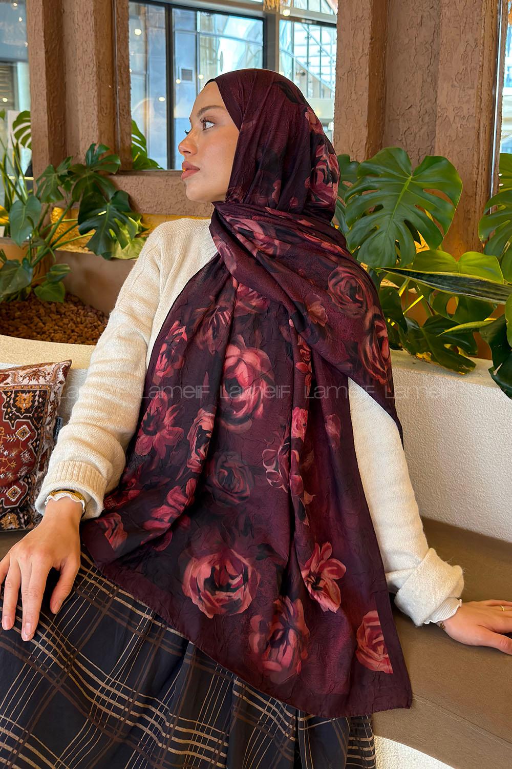 Lamelif Çiçek Desen Bambu Şal Koyu Bordo