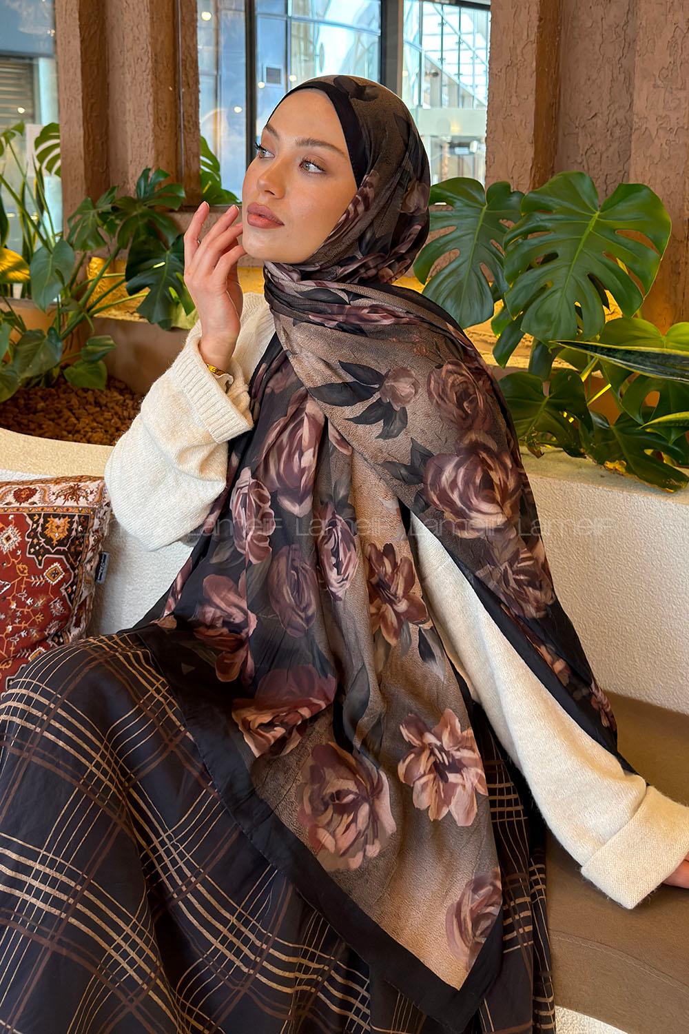 Lamelif Çiçek Desen Bambu Şal Koyu Yeşil