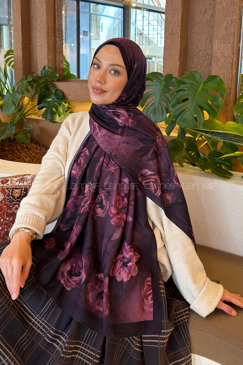 Lamelif Çiçek Desen Bambu Şal Mürdüm