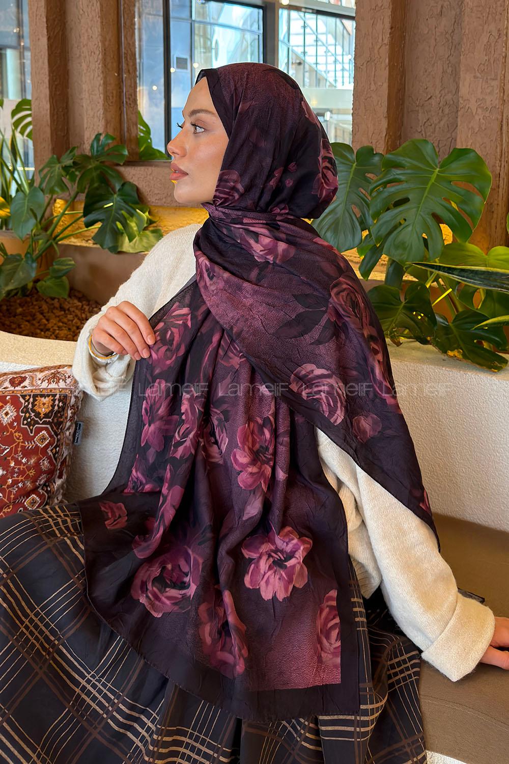 Lamelif Çiçek Desen Bambu Şal Mürdüm