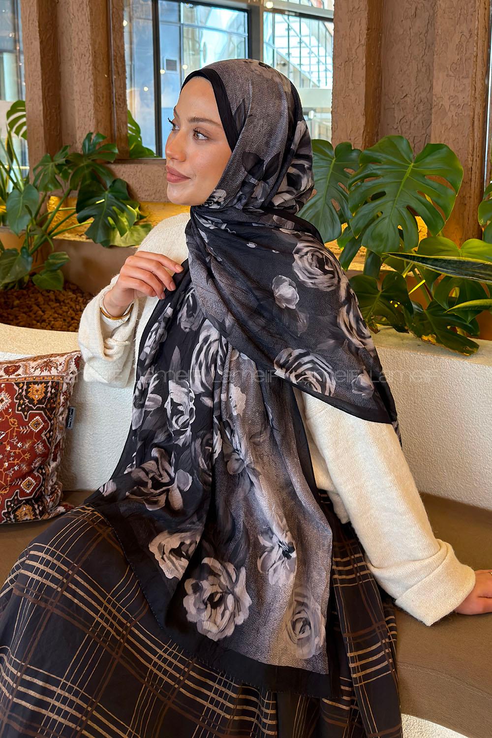 Lamelif Çiçek Desen Bambu Şal Siyah