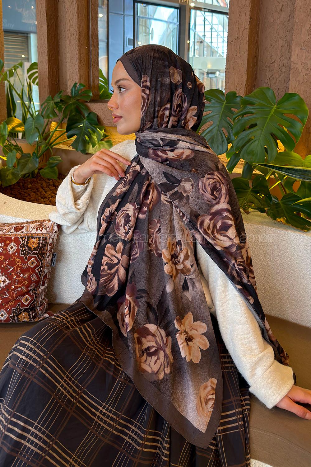 Lamelif Çiçek Desen Bambu Şal Soft Kahve