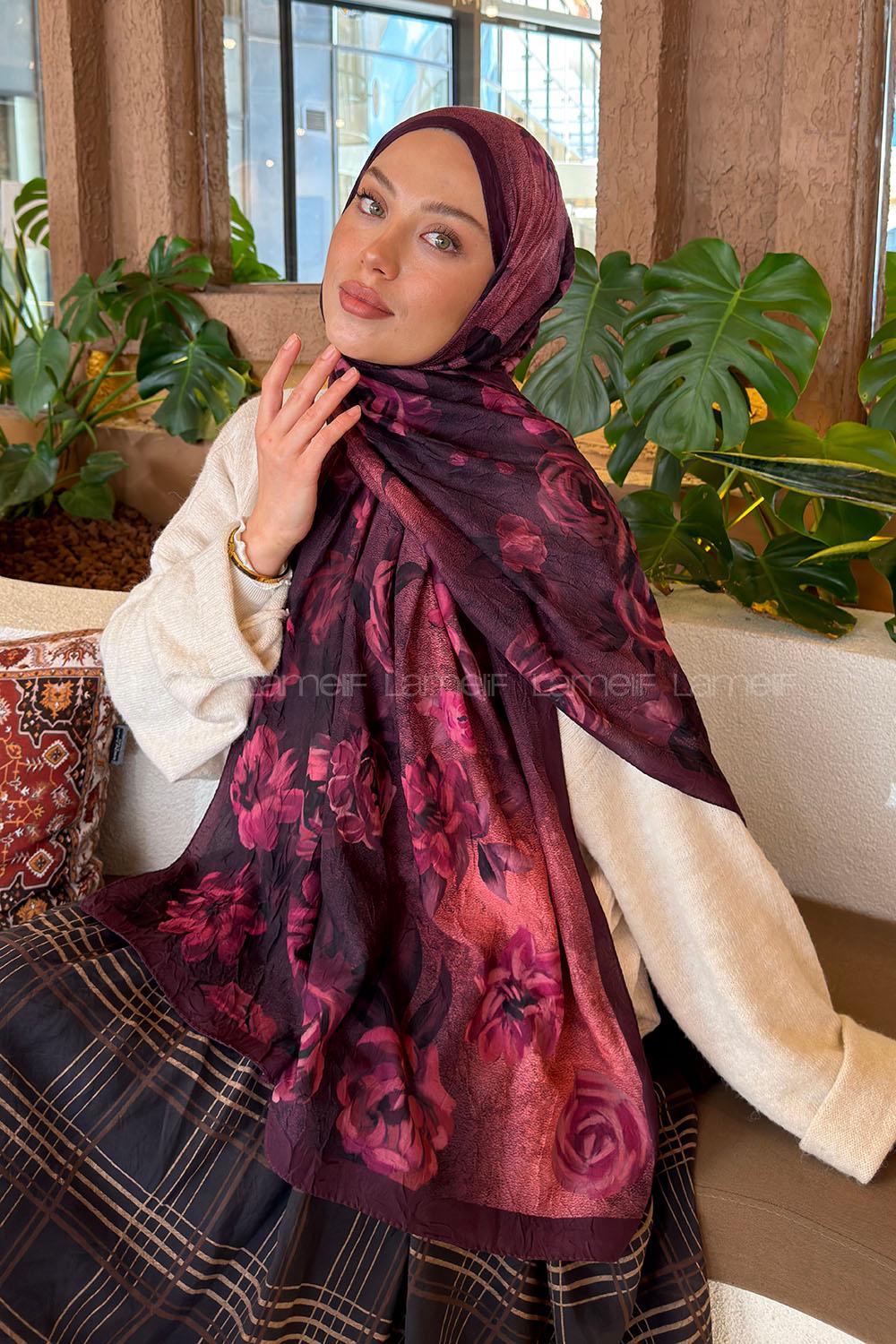 Lamelif Çiçek Desen Bambu Şal Vişne