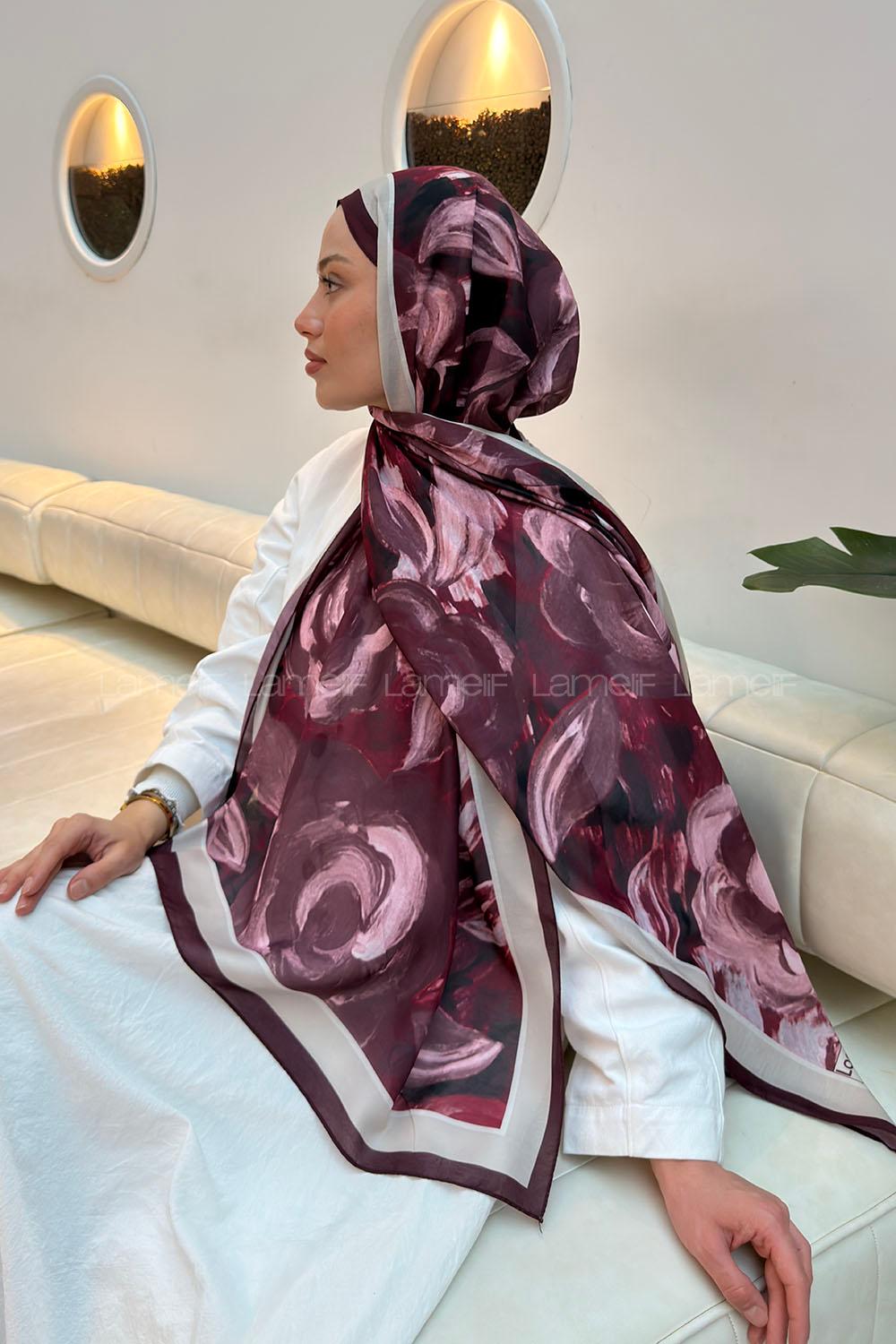 Lamelif Çiçek Desen Pamuk Şal Bordo Vizon