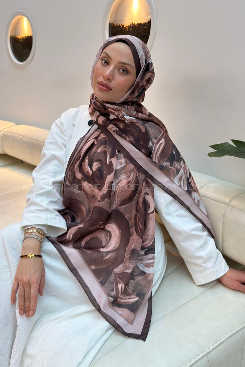 Lamelif Çiçek Desen Pamuk Şal Kahverengi