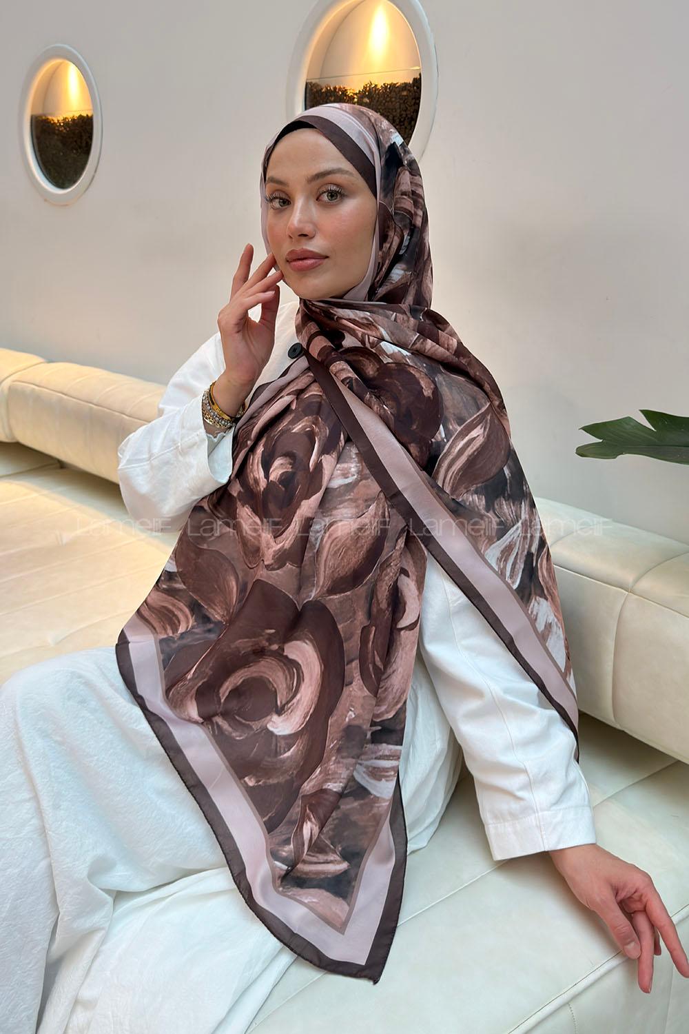 Lamelif Çiçek Desen Pamuk Şal Kahverengi