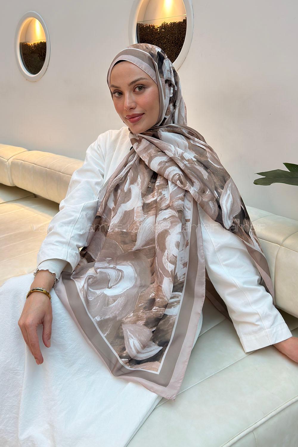 Lamelif Çiçek Desen Pamuk Şal Koyu Vizon