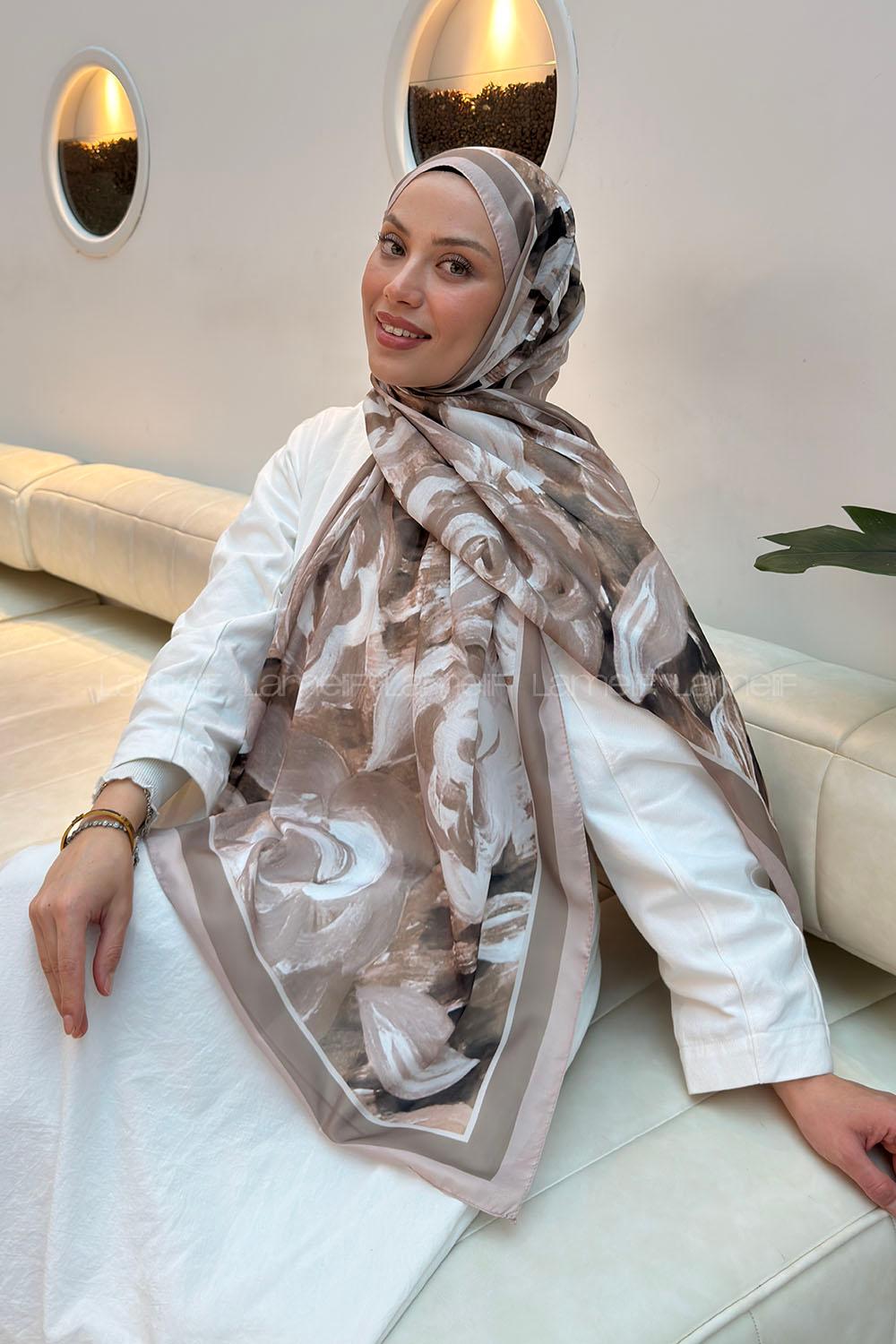 Lamelif Çiçek Desen Pamuk Şal Koyu Vizon