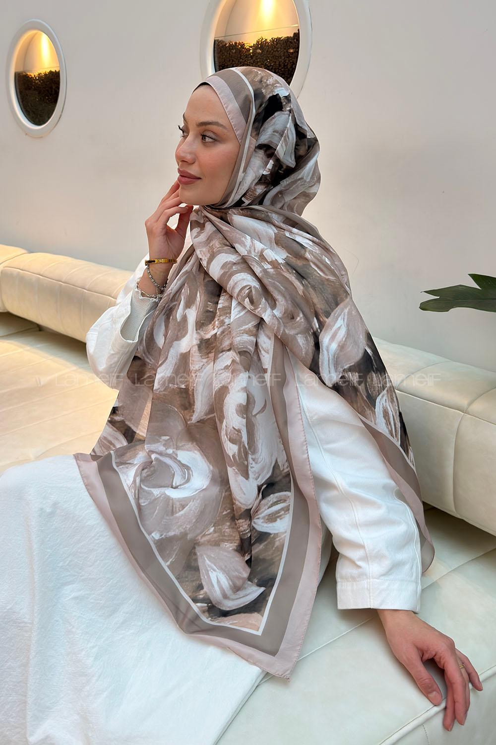 Lamelif Çiçek Desen Pamuk Şal Koyu Vizon