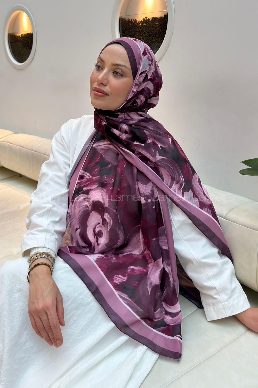 Lamelif Çiçek Desen Pamuk Şal Mürdüm