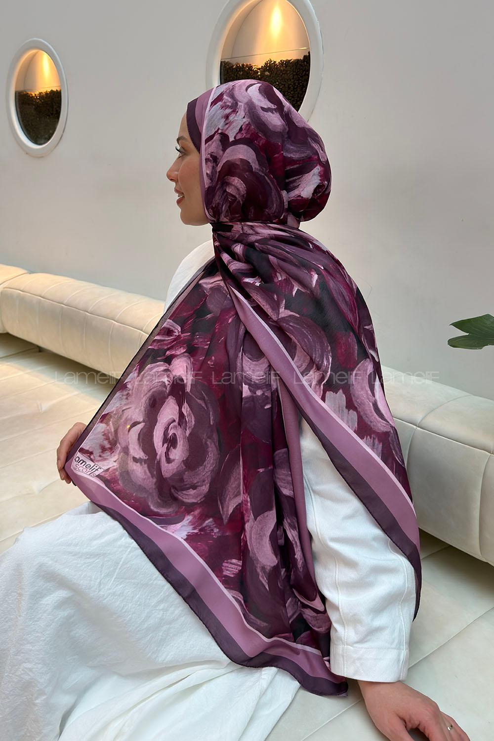 Lamelif Çiçek Desen Pamuk Şal Mürdüm