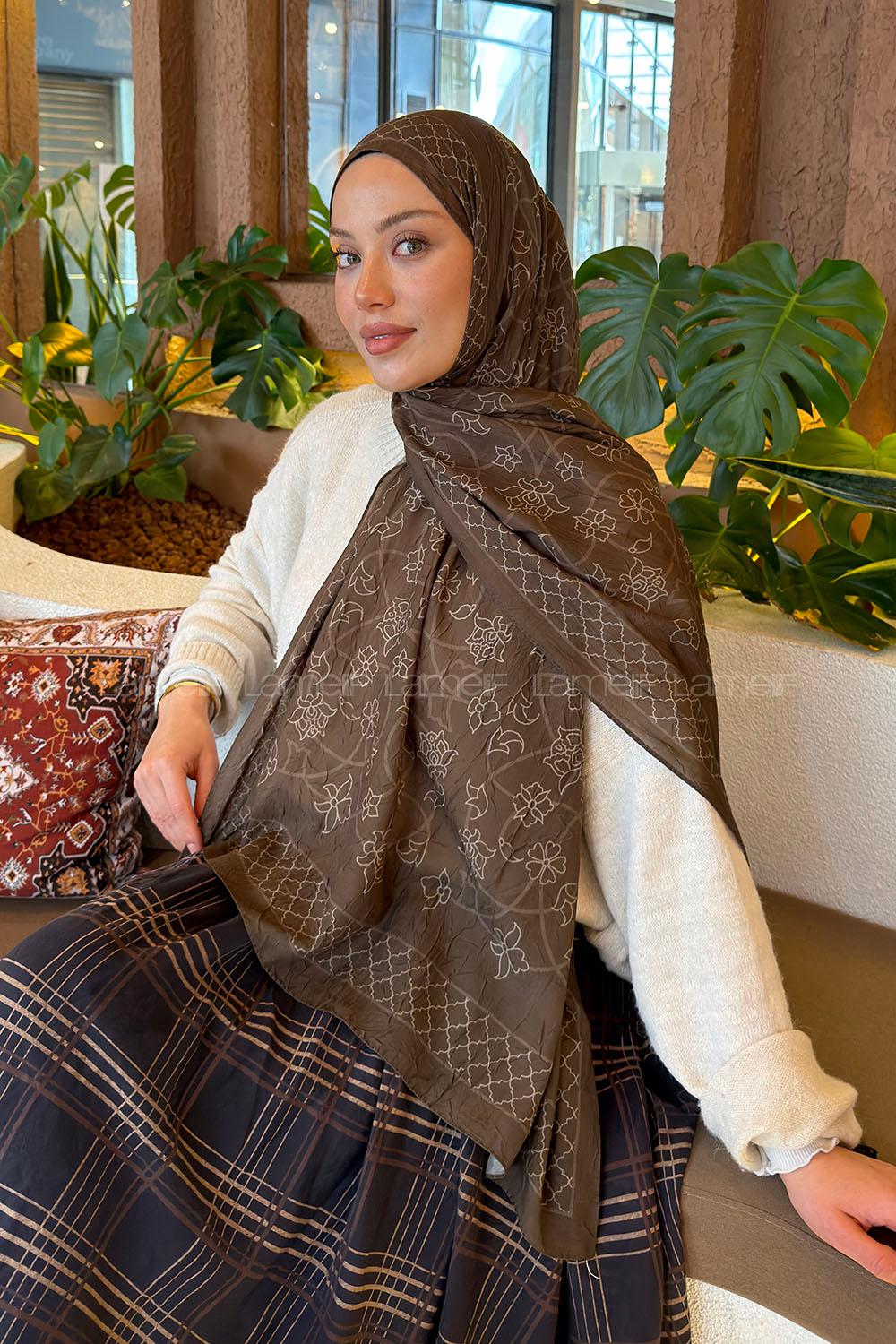 Lamelif Geometrik Desen Bambu Şal Asker Yeşili