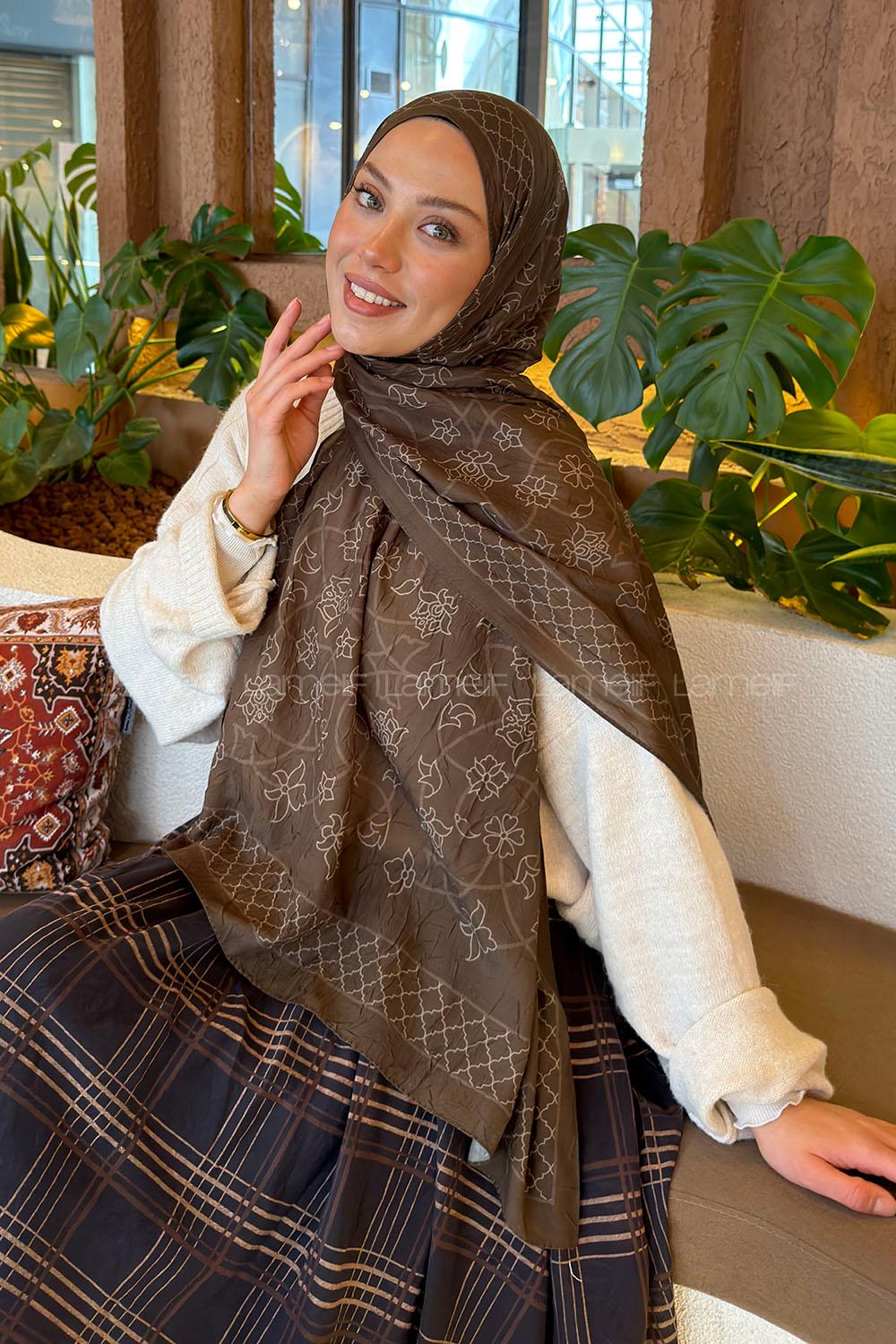 Lamelif Geometrik Desen Bambu Şal Asker Yeşili