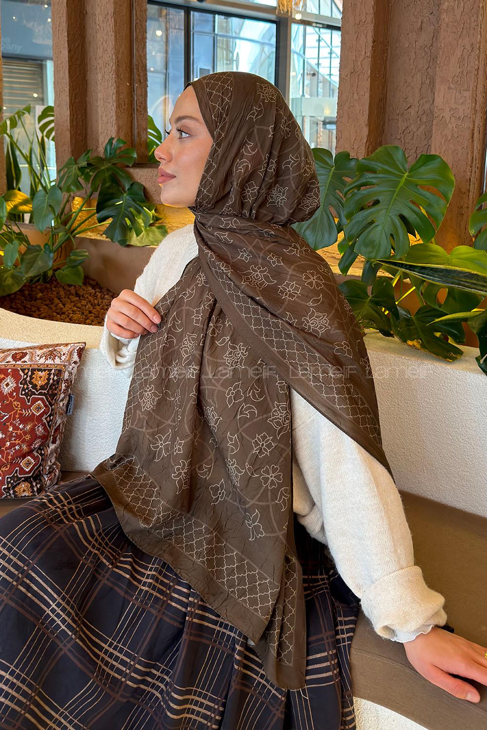 Lamelif Geometrik Desen Bambu Şal Asker Yeşili