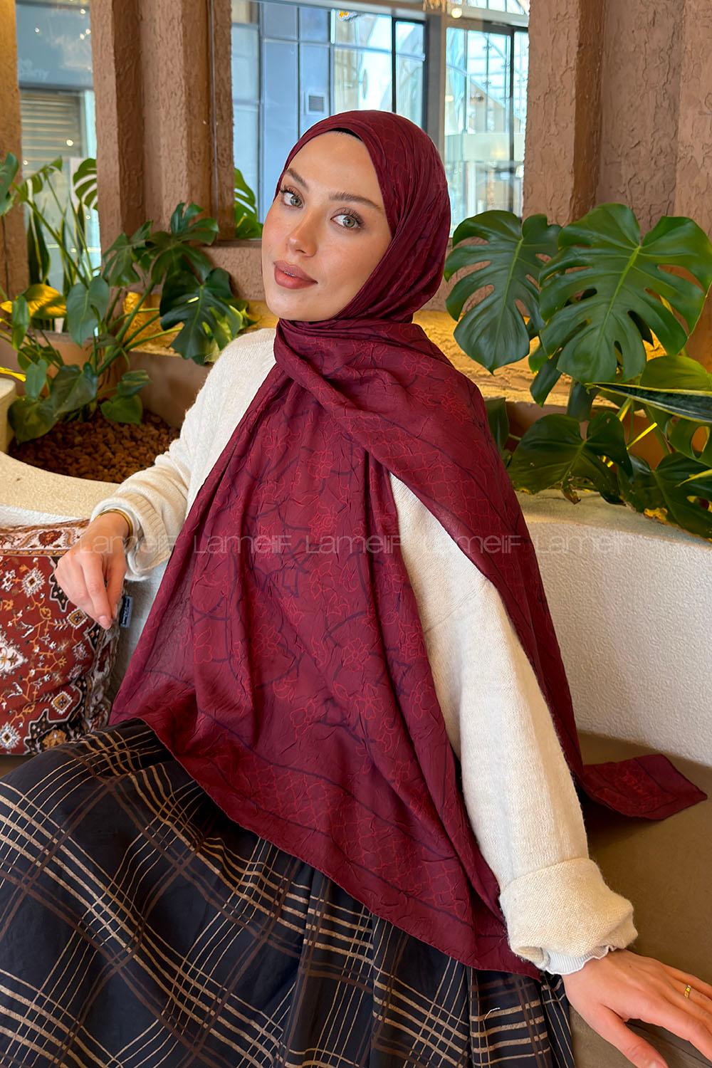 Lamelif Geometrik Desen Bambu Şal Bordo