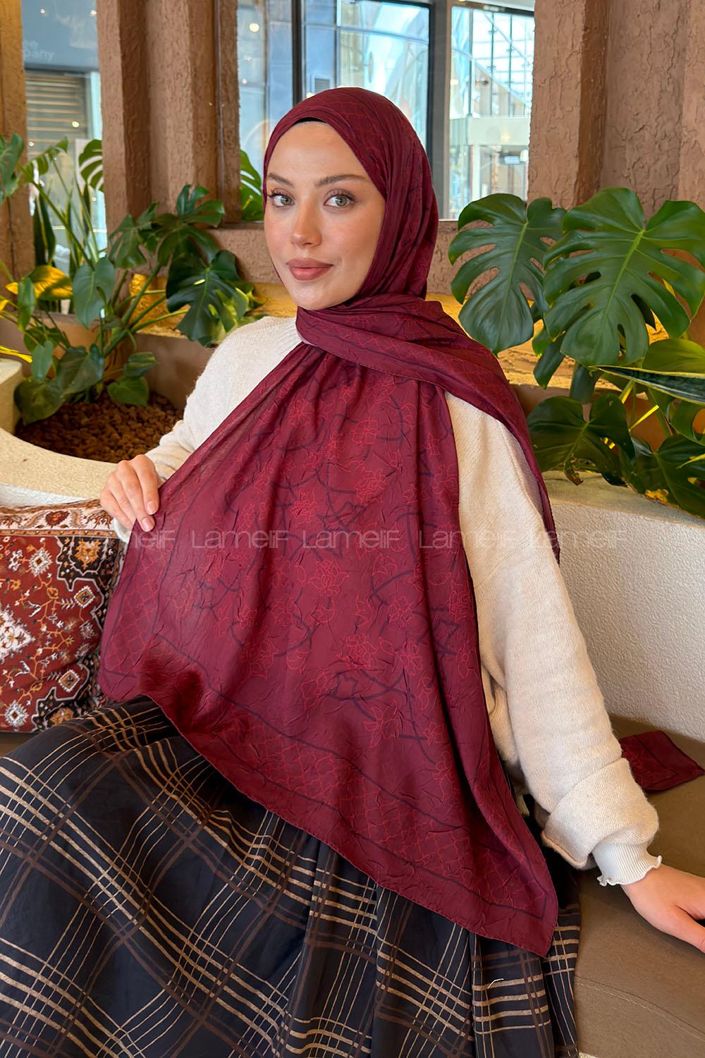 Lamelif Geometrik Desen Bambu Şal Bordo