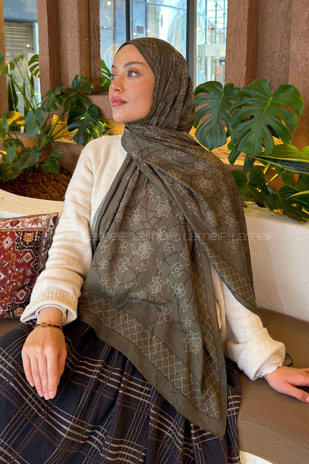 Lamelif Geometrik Desen Bambu Şal Haki