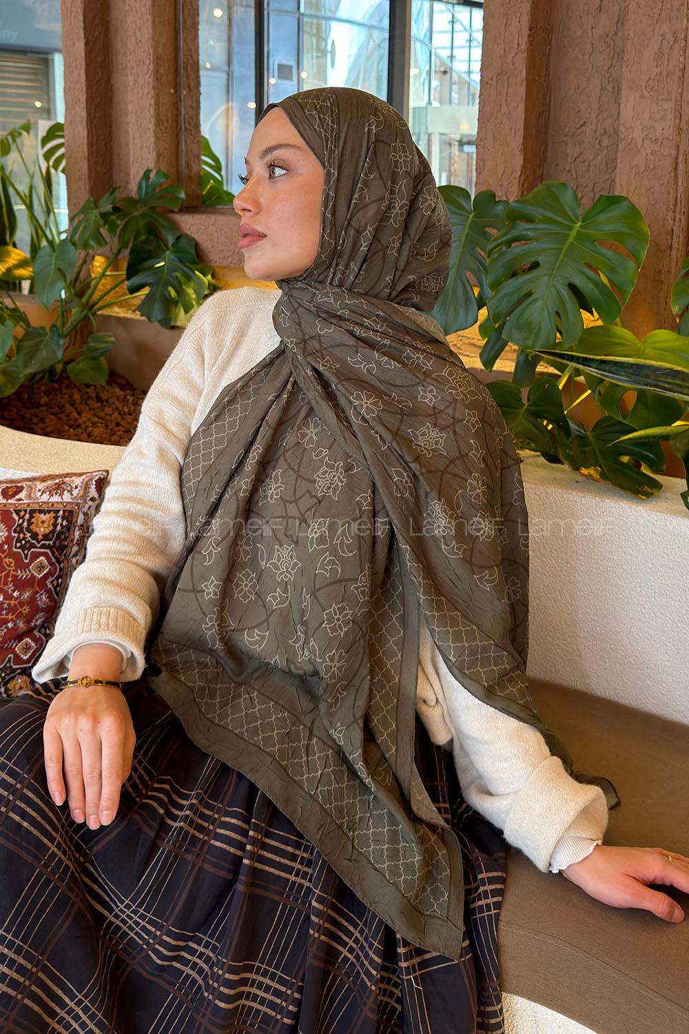 Lamelif Geometrik Desen Bambu Şal Haki