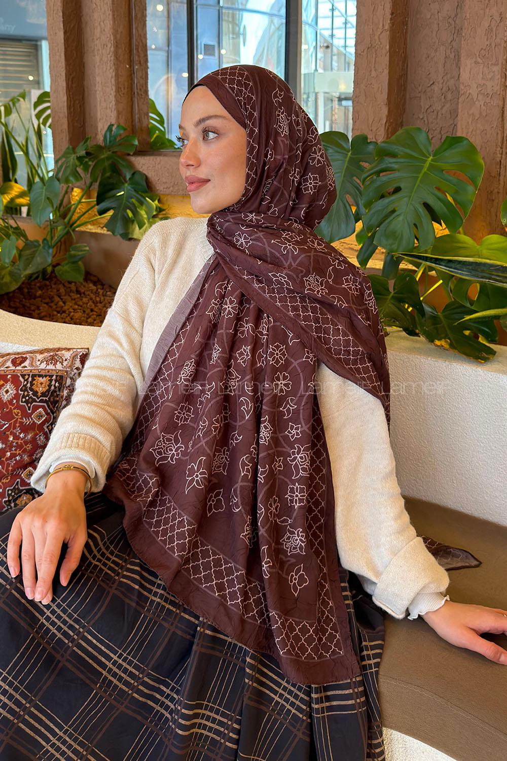 Lamelif Geometrik Desen Bambu Şal Kahverengi