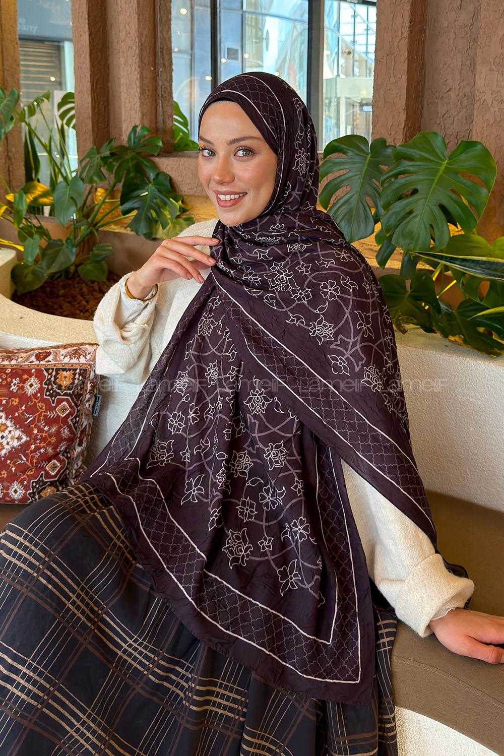 Lamelif Geometrik Desen Bambu Şal Koyu Kahve