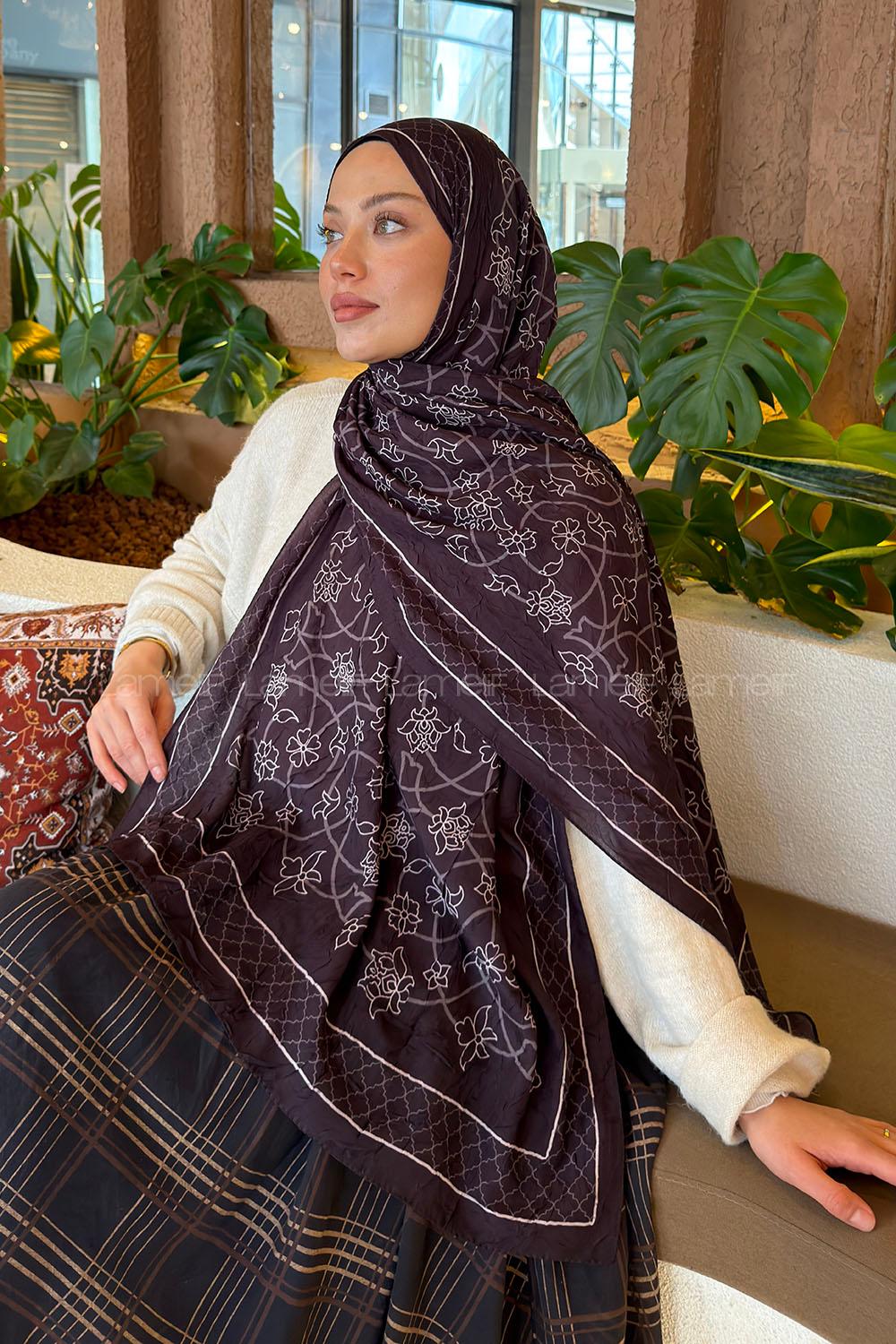 Lamelif Geometrik Desen Bambu Şal Koyu Kahve