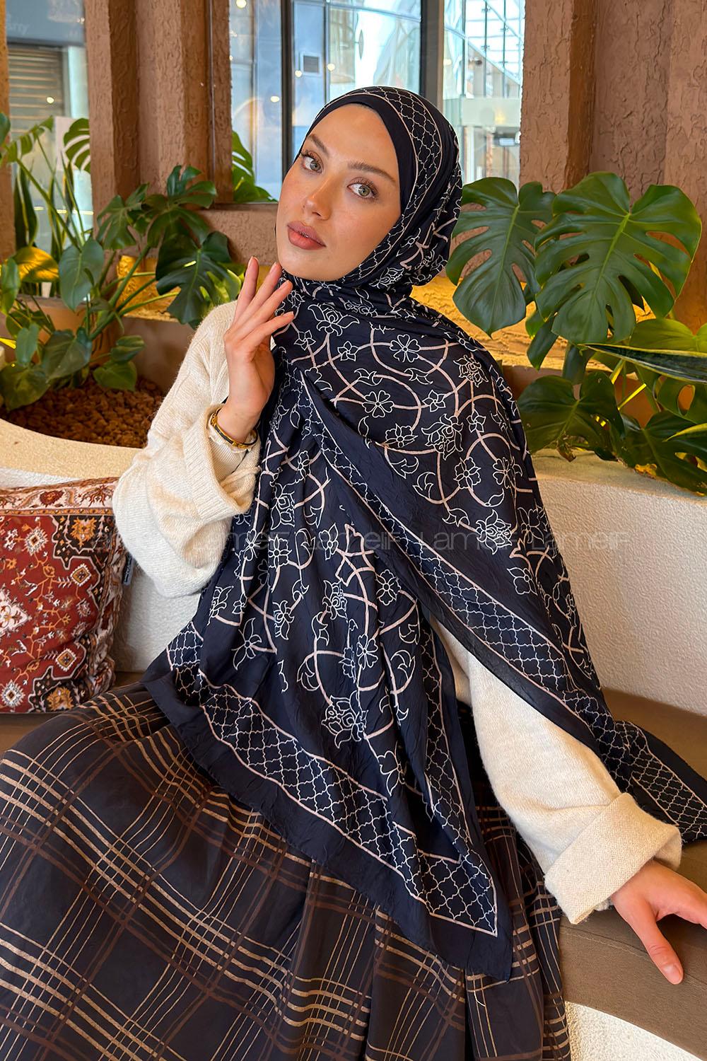 Lamelif Geometrik Desen Bambu Şal Lacivert