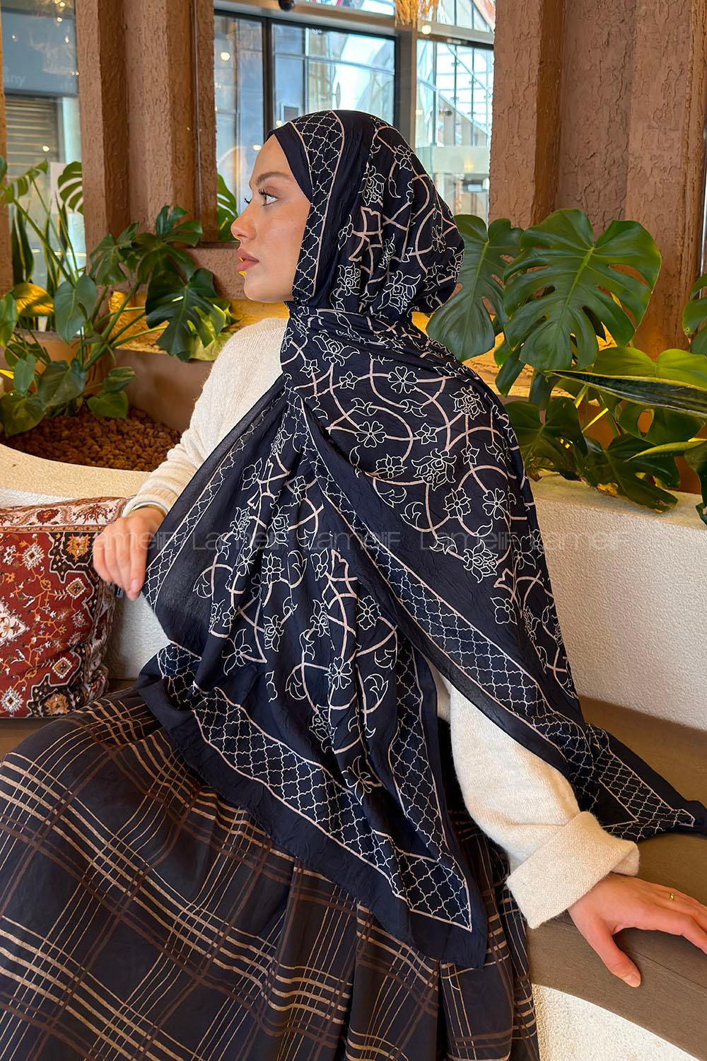 Lamelif Geometrik Desen Bambu Şal Lacivert