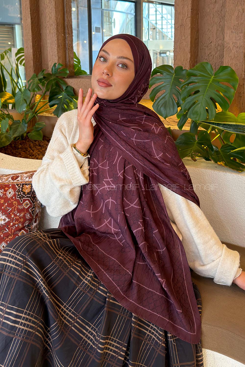 Lamelif Geometrik Desen Bambu Şal Mürdüm