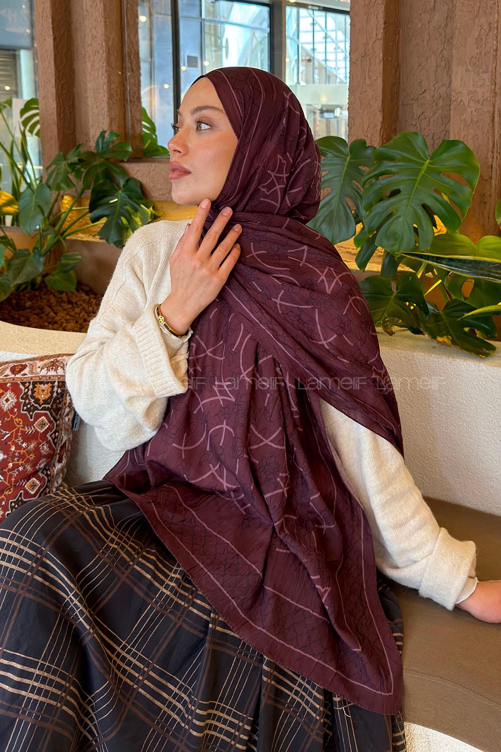 Lamelif Geometrik Desen Bambu Şal Mürdüm