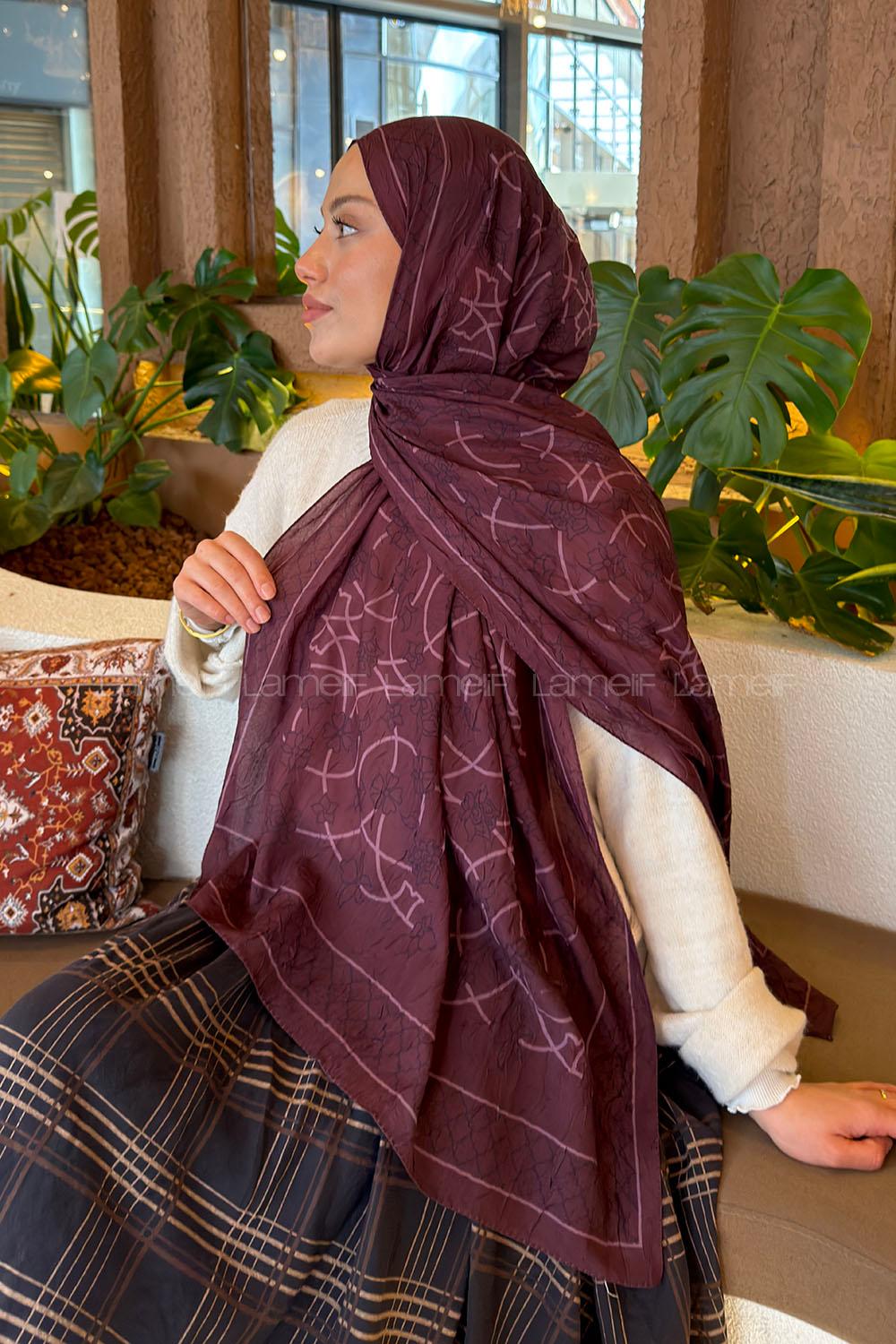 Lamelif Geometrik Desen Bambu Şal Mürdüm