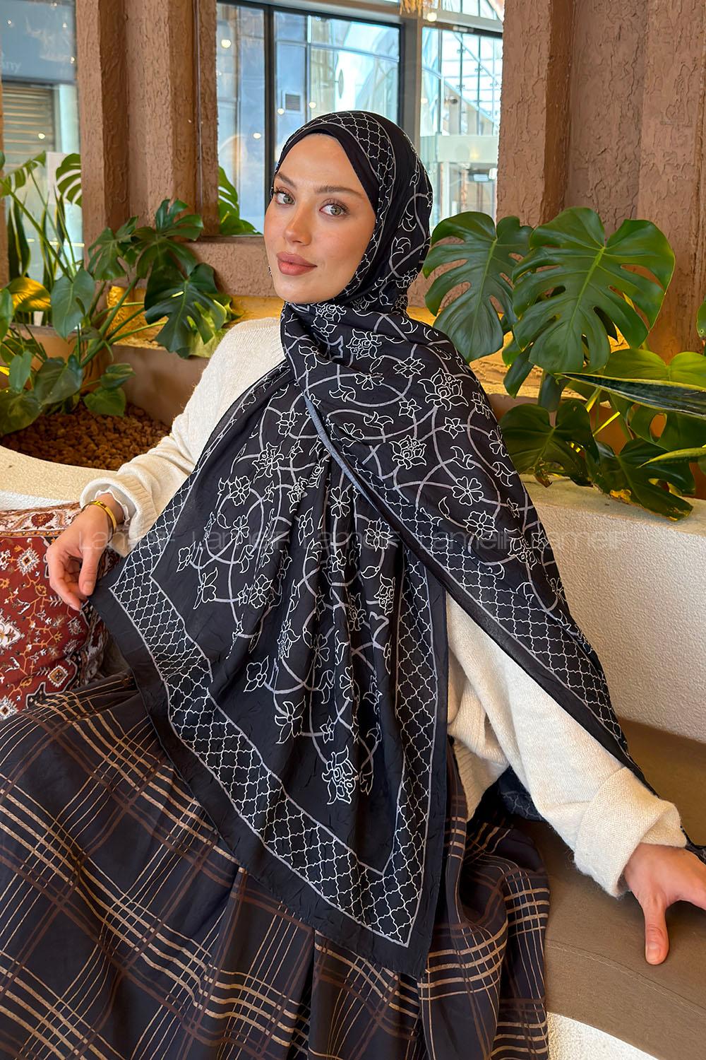 Lamelif Geometrik Desen Bambu Şal Siyah