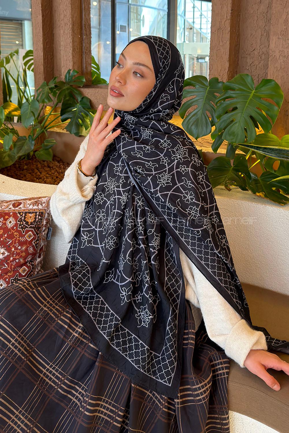 Lamelif Geometrik Desen Bambu Şal Siyah