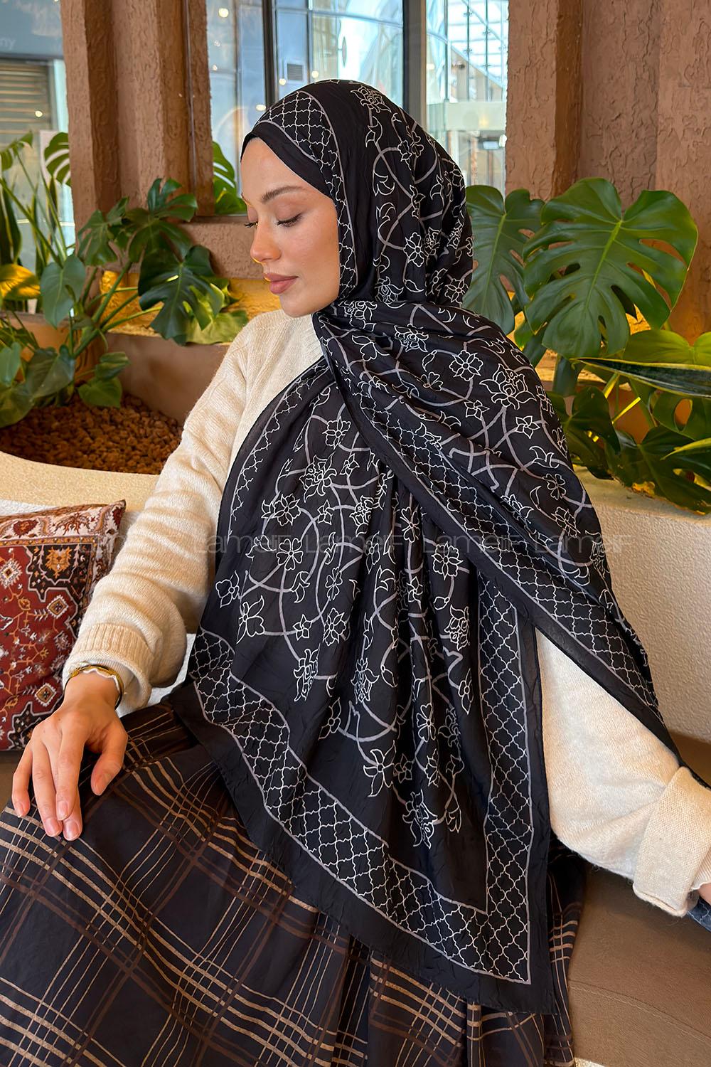 Lamelif Geometrik Desen Bambu Şal Siyah