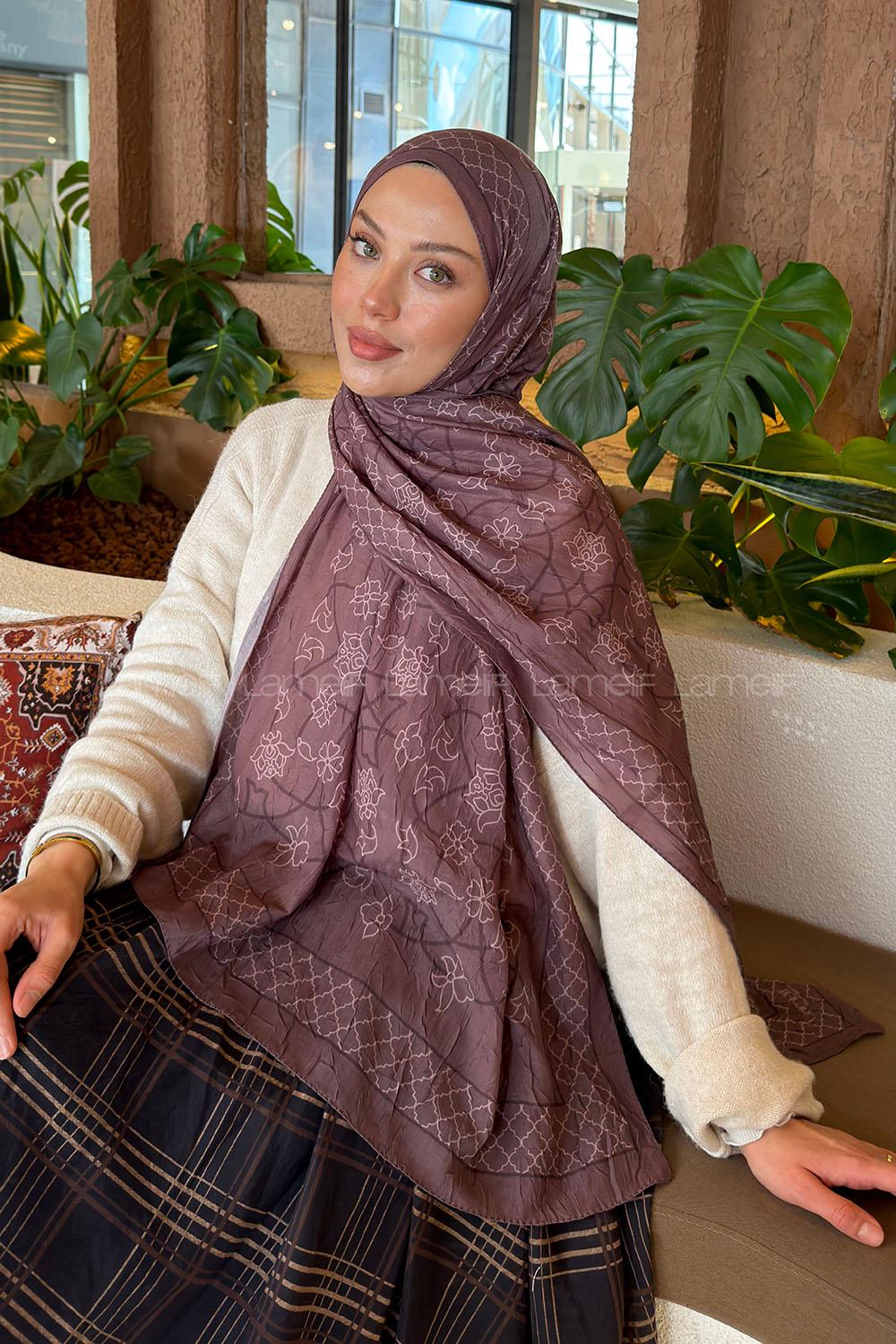 Lamelif Geometrik Desen Bambu Şal Soft Kahve