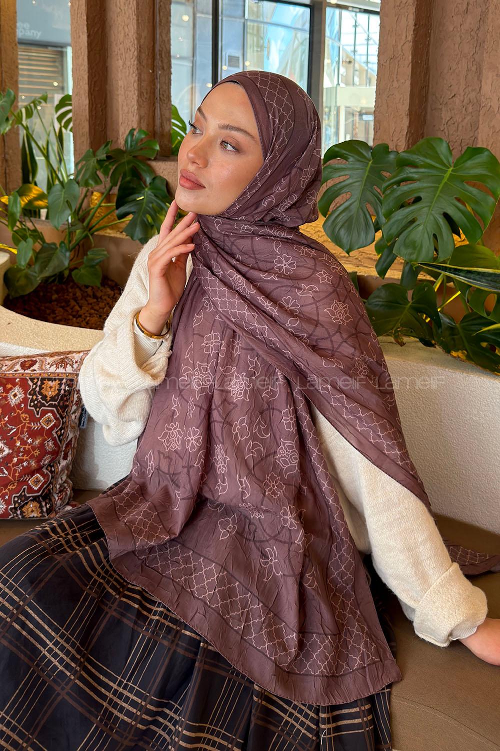 Lamelif Geometrik Desen Bambu Şal Soft Kahve