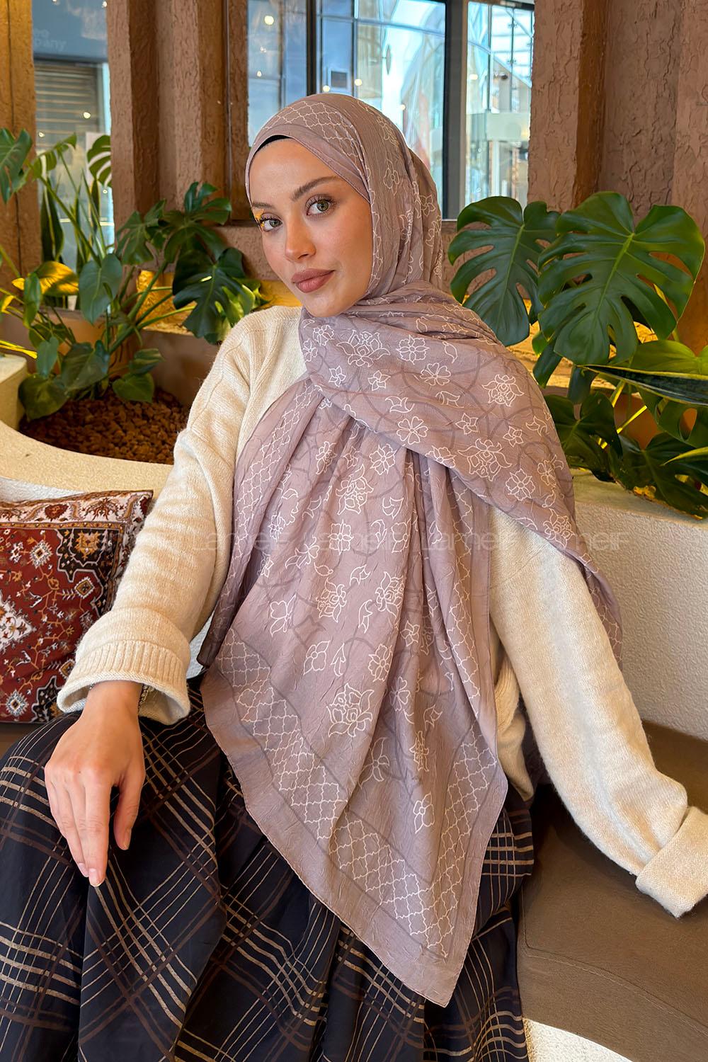 Lamelif Geometrik Desen Bambu Şal Vizon