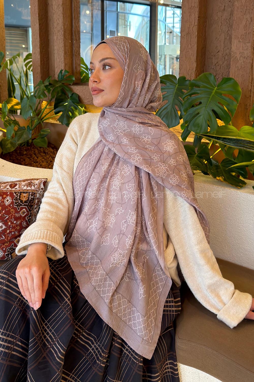 Lamelif Geometrik Desen Bambu Şal Vizon