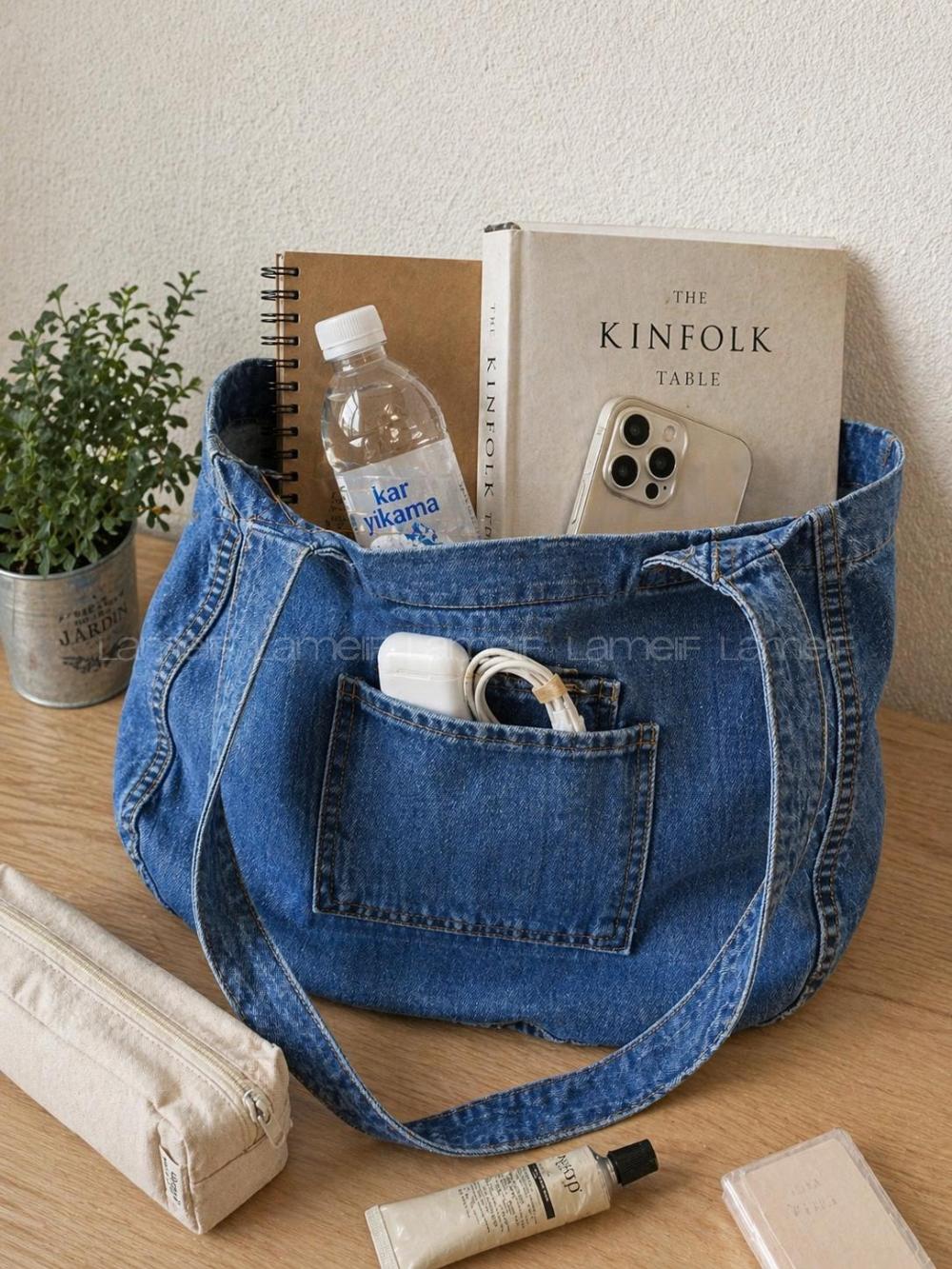 Lamelif Kadın Anton Çift Cepli Cırtlı Kot Çanta Koleksiyonu Mavi