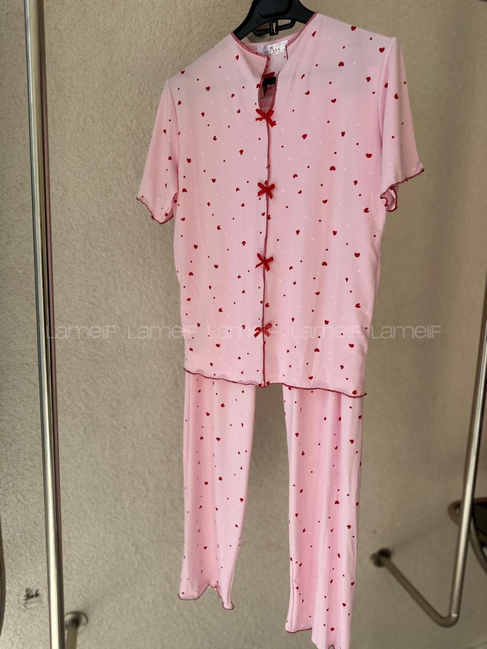 Lamelif Kadın Küçük Kalp  Minimal Desenli Fiyonk Özel Dikiş Pijama Takımı