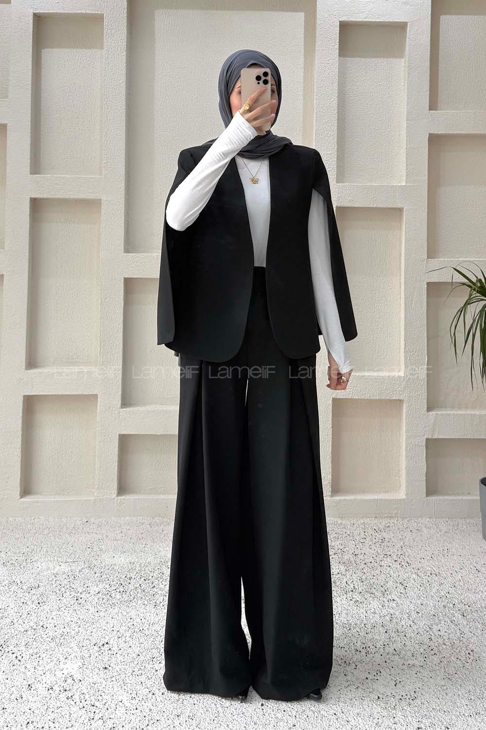 Lamelif Panço Ceketli Etek Pantolon Takım Siyah