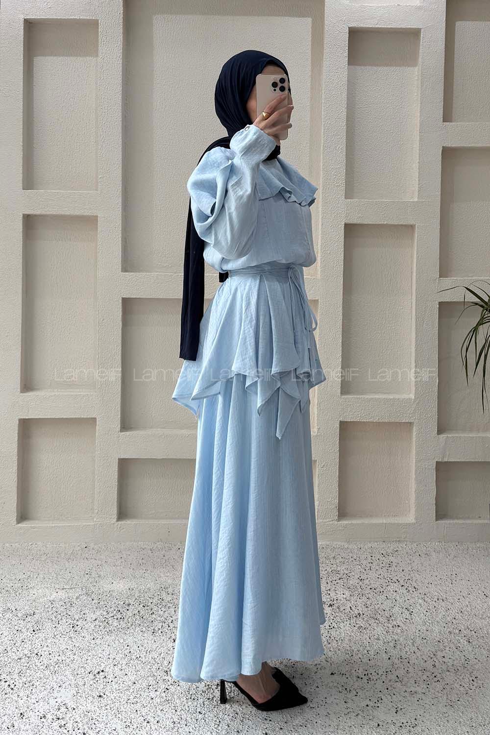 Lamelif Pelerin Detaylı Müslin Tensel Etekli Takım Bebe Mavisi