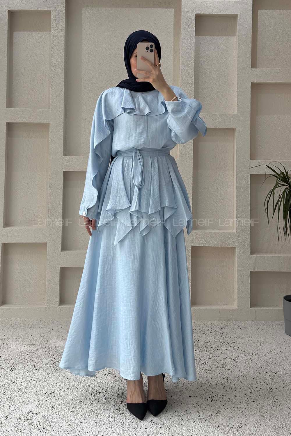 Lamelif Pelerin Detaylı Müslin Tensel Etekli Takım Bebe Mavisi