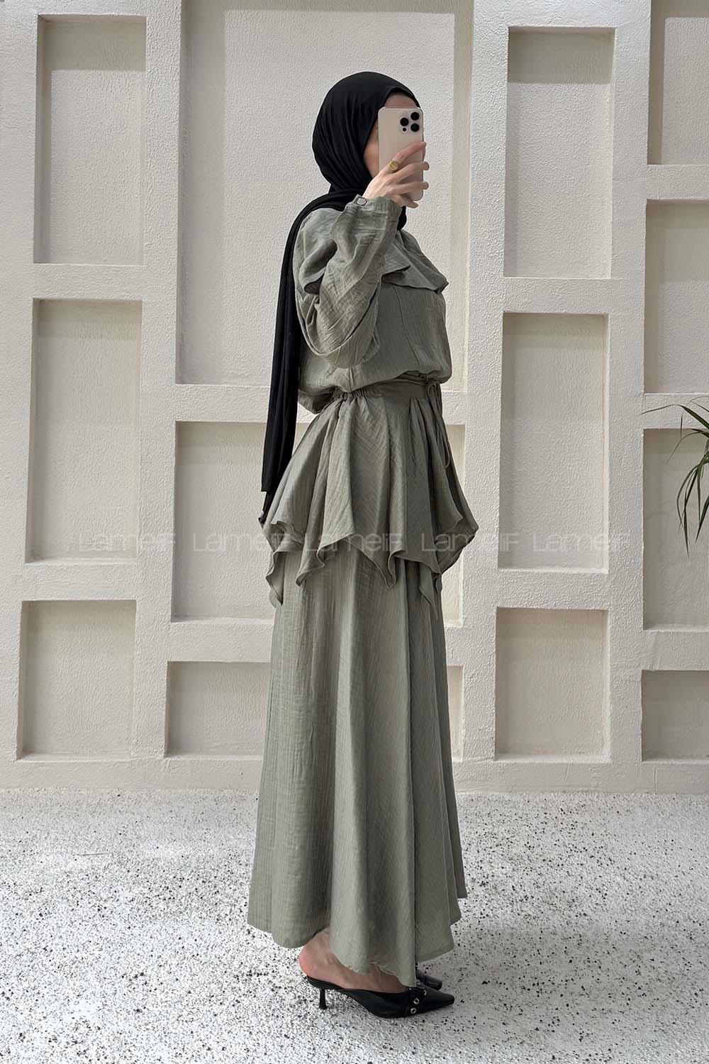 Lamelif Pelerin Detaylı Müslin Tensel Etekli Takım Haki