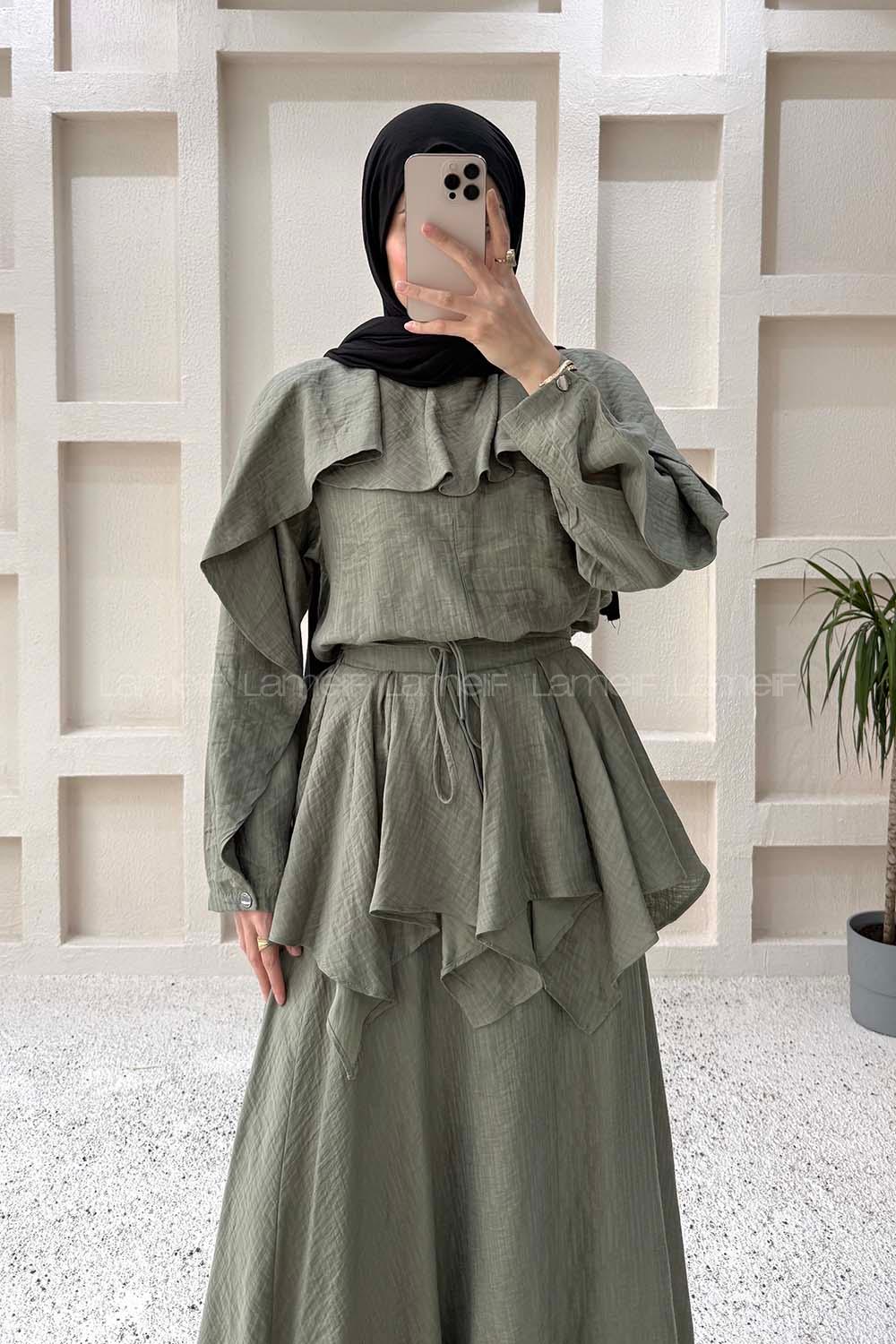 Lamelif Pelerin Detaylı Müslin Tensel Etekli Takım Haki