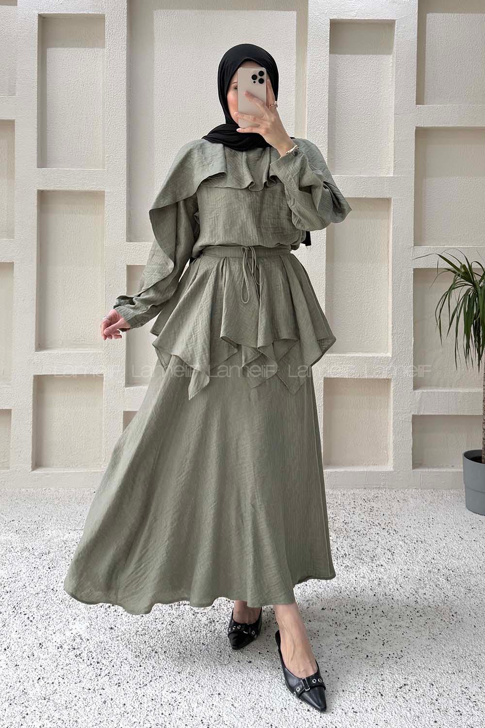 Lamelif Pelerin Detaylı Müslin Tensel Etekli Takım Haki