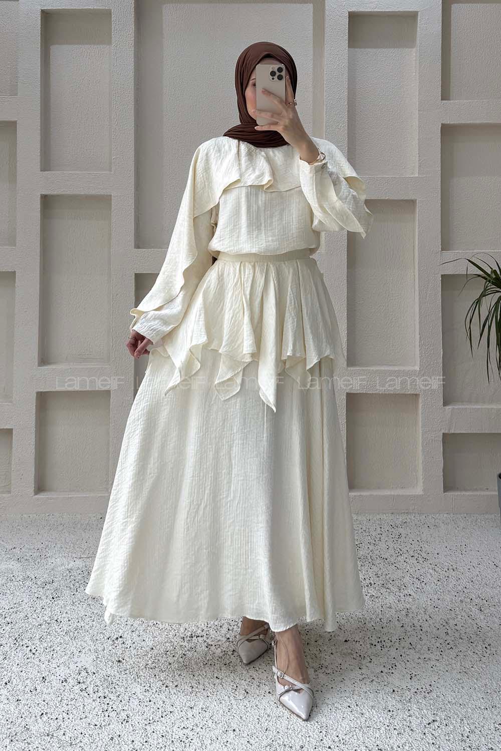 Lamelif Pelerin Detaylı Müslin Tensel Etekli Takım Krem