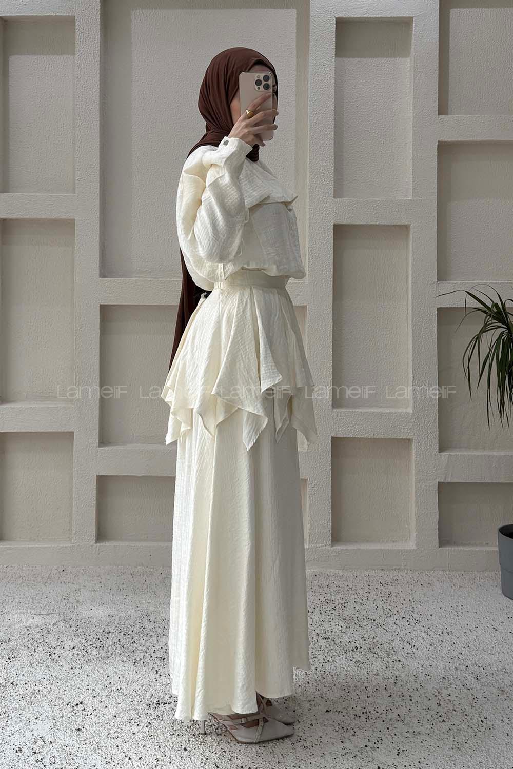 Lamelif Pelerin Detaylı Müslin Tensel Etekli Takım Krem