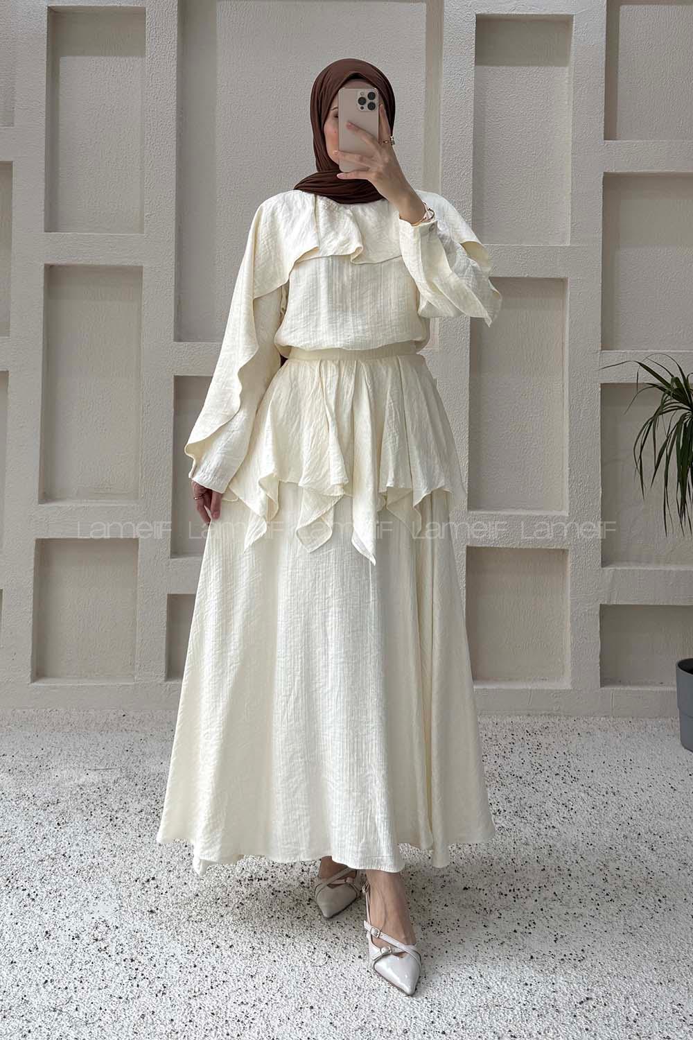 Lamelif Pelerin Detaylı Müslin Tensel Etekli Takım Krem