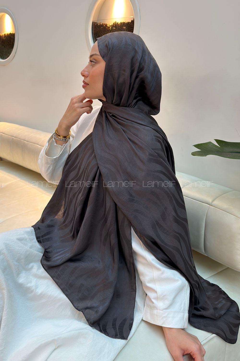 Lamelif  Shine Desen Ayrobin Floş Jakar  Şal Anrasit